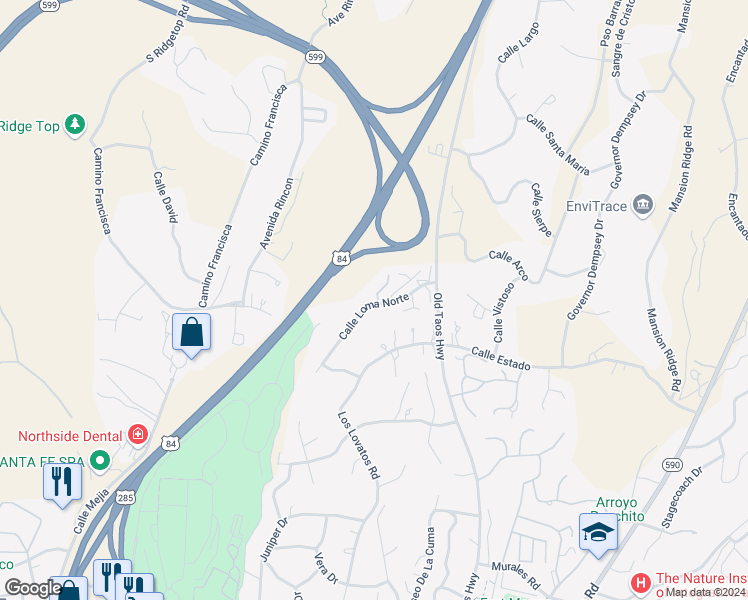 map of restaurants, bars, coffee shops, grocery stores, and more near 358 1/2 Calle Loma Norte in Santa Fe