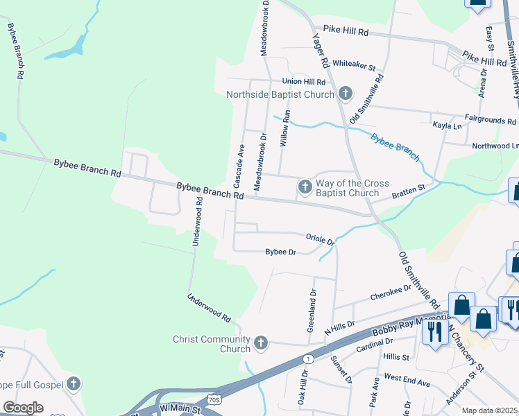 map of restaurants, bars, coffee shops, grocery stores, and more near 315 Bybee Branch Road in McMinnville