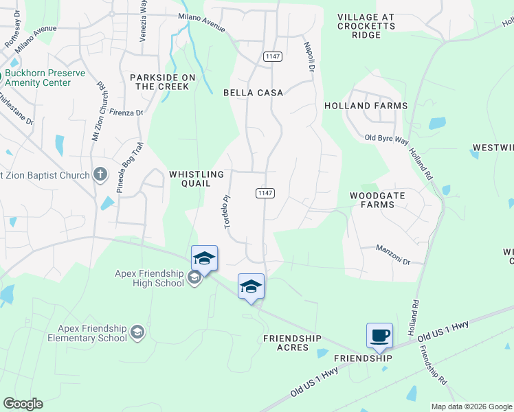 map of restaurants, bars, coffee shops, grocery stores, and more near 2132 Amalfi Place in Apex