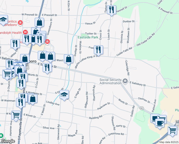 map of restaurants, bars, coffee shops, grocery stores, and more near 619 East Salisbury Street in Asheboro