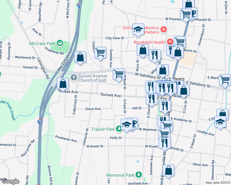 map of restaurants, bars, coffee shops, grocery stores, and more near 509 Sunset Avenue in Asheboro
