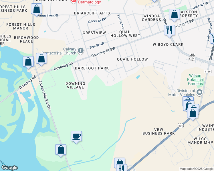 map of restaurants, bars, coffee shops, grocery stores, and more near 2232 Smallwood Street Southwest in Wilson