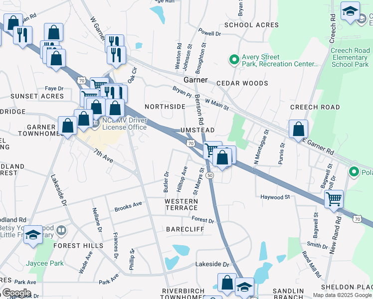 map of restaurants, bars, coffee shops, grocery stores, and more near 300 Hilltop Avenue in Garner