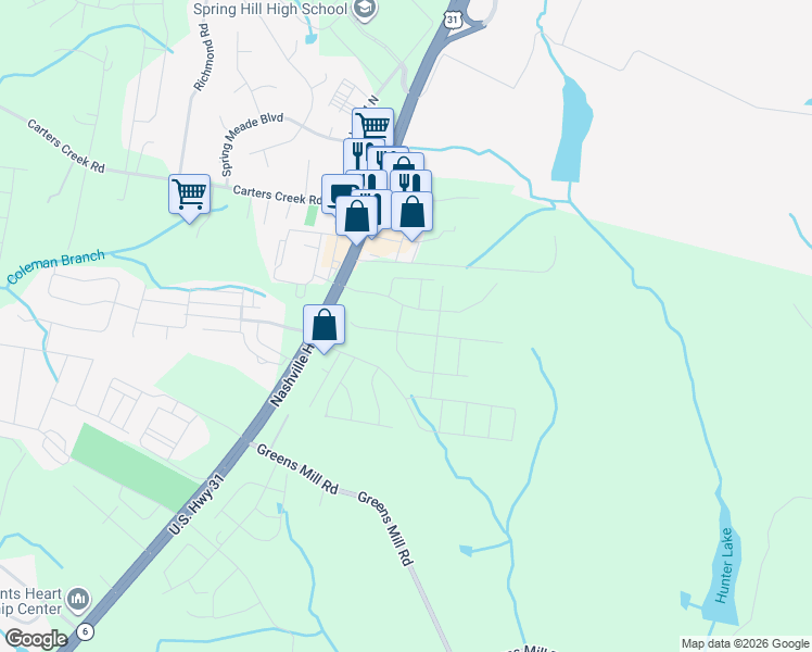 map of restaurants, bars, coffee shops, grocery stores, and more near 2504 Nashville Highway in Columbia
