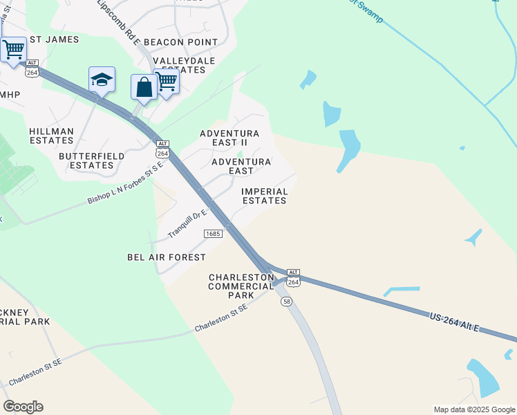 map of restaurants, bars, coffee shops, grocery stores, and more near 2210 Imperial Avenue East in Wilson