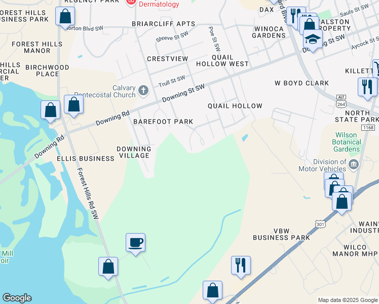 map of restaurants, bars, coffee shops, grocery stores, and more near 2232 Smallwood Street Southwest in Wilson