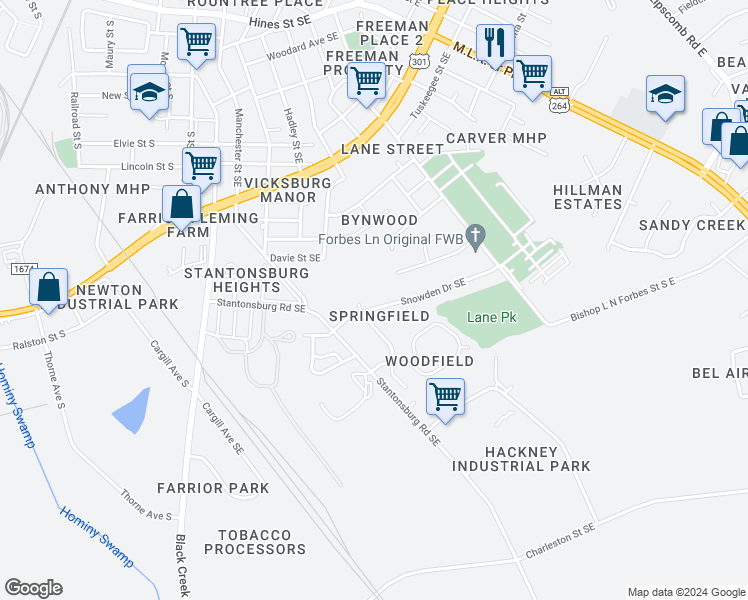 map of restaurants, bars, coffee shops, grocery stores, and more near 1705 Snowden Drive Southeast in Wilson