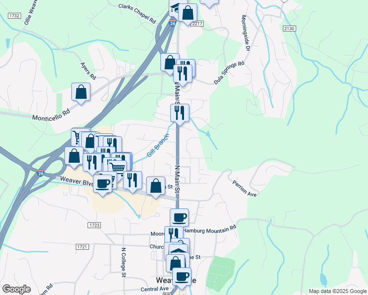 map of restaurants, bars, coffee shops, grocery stores, and more near 32 Chestnut Street in Weaverville