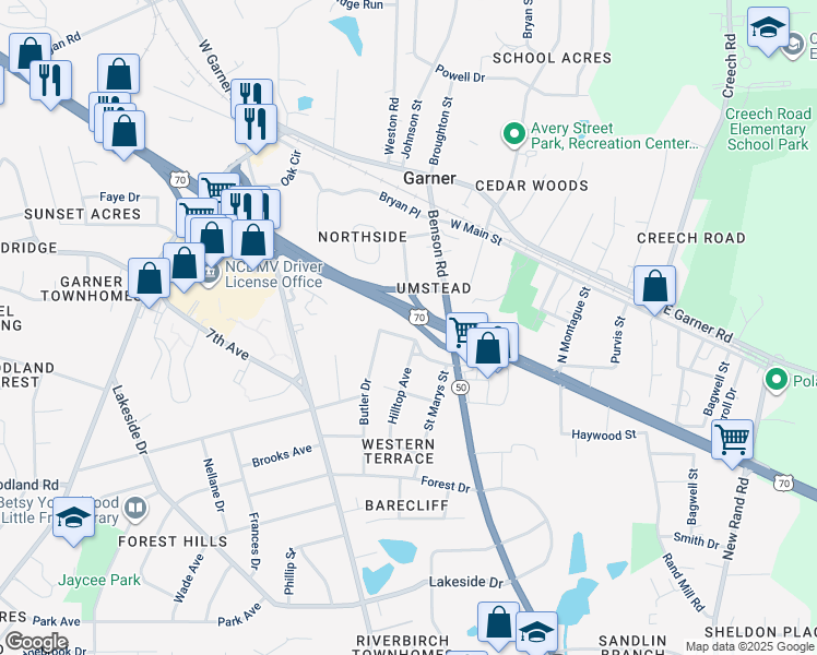 map of restaurants, bars, coffee shops, grocery stores, and more near 300 Hilltop Avenue in Garner