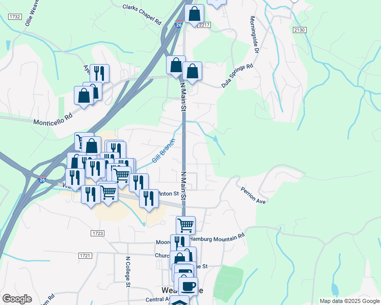map of restaurants, bars, coffee shops, grocery stores, and more near 32 Chestnut Street in Weaverville