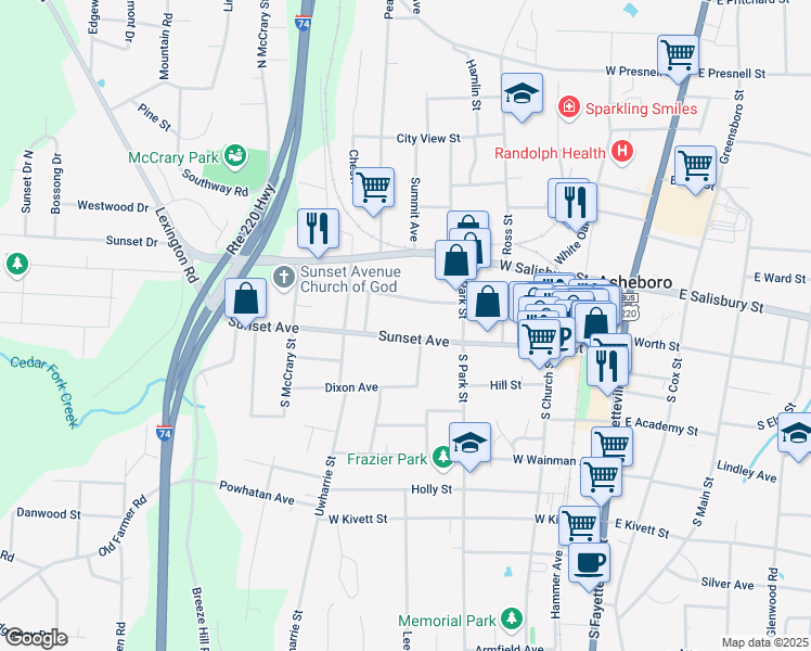 map of restaurants, bars, coffee shops, grocery stores, and more near 605 Sunset Avenue in Asheboro