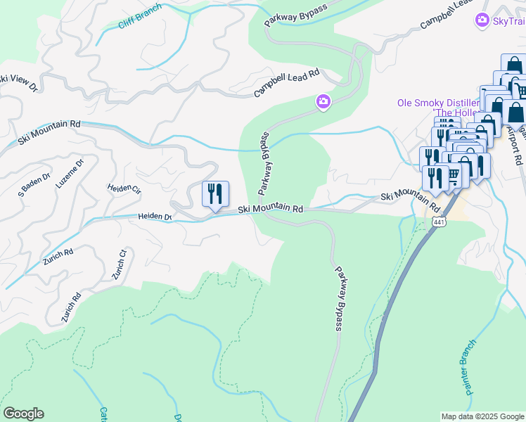 map of restaurants, bars, coffee shops, grocery stores, and more near Gatlinburg Bypass Bridge # 2 in Gatlinburg