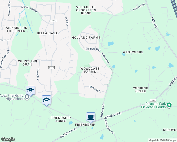 map of restaurants, bars, coffee shops, grocery stores, and more near 2100 Vittorio Lane in Apex
