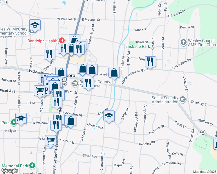 map of restaurants, bars, coffee shops, grocery stores, and more near 117N North Elm Street in Asheboro