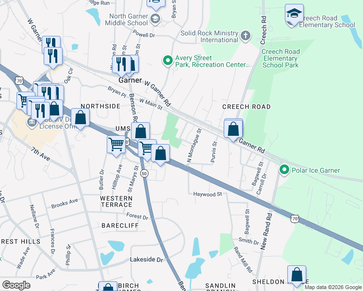 map of restaurants, bars, coffee shops, grocery stores, and more near 322 Montague Street in Garner
