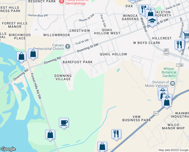 map of restaurants, bars, coffee shops, grocery stores, and more near 2221 Smallwood Street Southwest in Wilson
