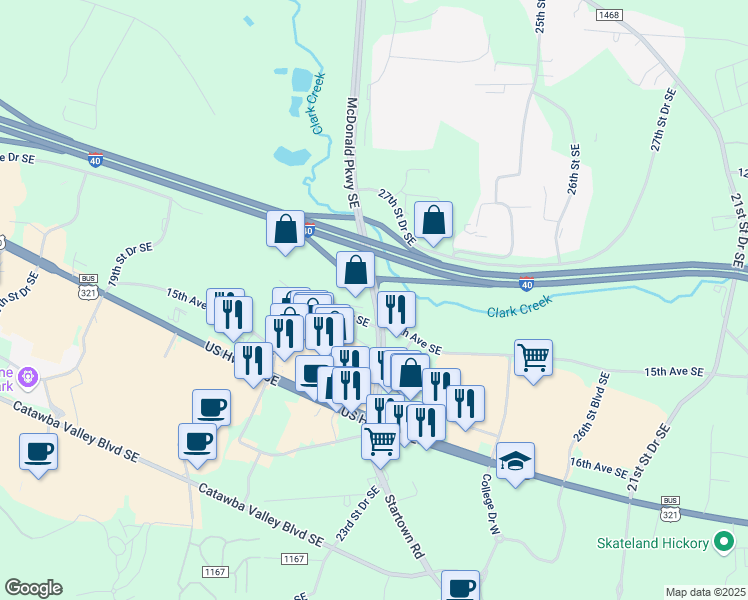 map of restaurants, bars, coffee shops, grocery stores, and more near McDonald Pkwy in Hickory
