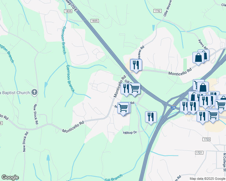 map of restaurants, bars, coffee shops, grocery stores, and more near 145 Monticello Road in Weaverville
