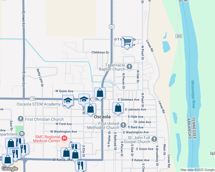 map of restaurants, bars, coffee shops, grocery stores, and more near 408 West Quinn Avenue in Osceola