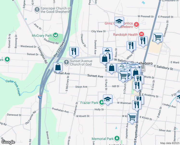 map of restaurants, bars, coffee shops, grocery stores, and more near 711 Sunset Avenue in Asheboro
