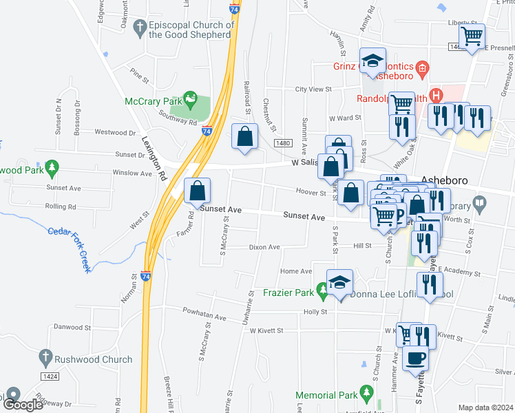 map of restaurants, bars, coffee shops, grocery stores, and more near 110S South Cherry Street in Asheboro