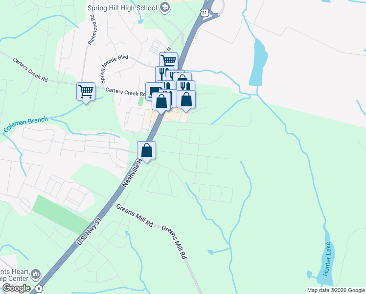 map of restaurants, bars, coffee shops, grocery stores, and more near 2504 Nashville Highway in Columbia