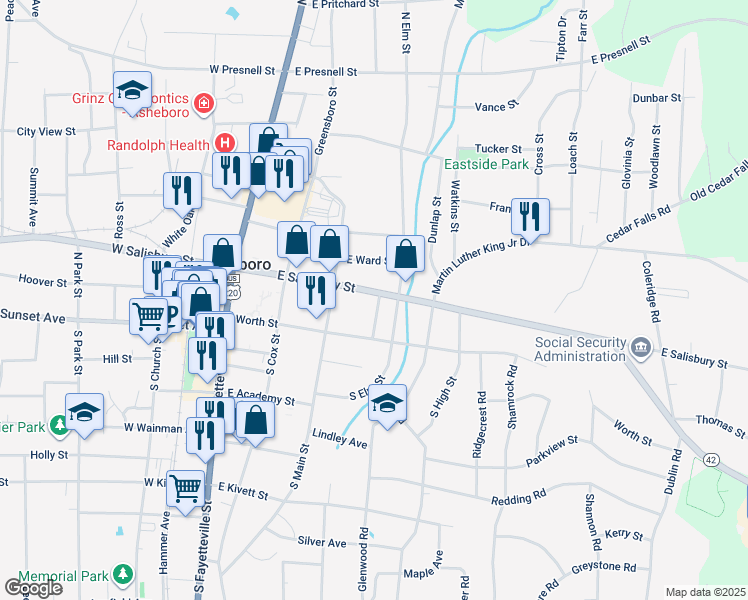 map of restaurants, bars, coffee shops, grocery stores, and more near 342 East Salisbury Street in Asheboro