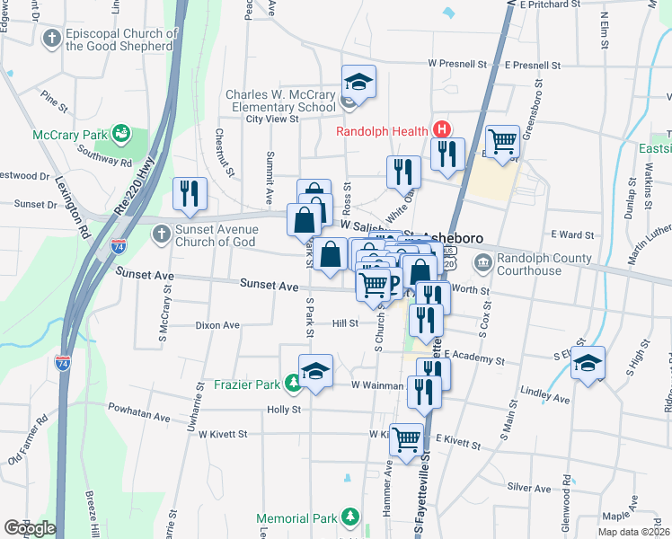 map of restaurants, bars, coffee shops, grocery stores, and more near 412 Sunset Avenue in Asheboro
