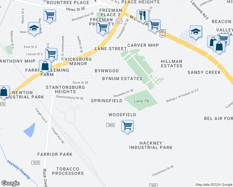 map of restaurants, bars, coffee shops, grocery stores, and more near 1803 Snowden Drive Southeast in Wilson