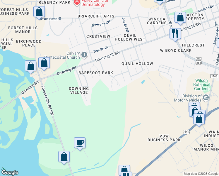 map of restaurants, bars, coffee shops, grocery stores, and more near 2232 Smallwood Street Southwest in Wilson