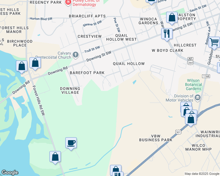 map of restaurants, bars, coffee shops, grocery stores, and more near 2223 Cockran Street Southwest in Wilson