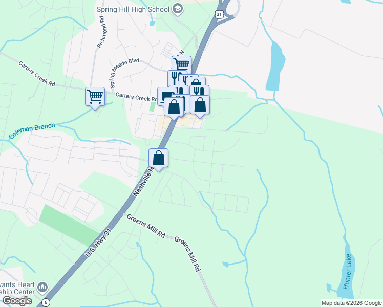 map of restaurants, bars, coffee shops, grocery stores, and more near 2504 Nashville Highway in Columbia