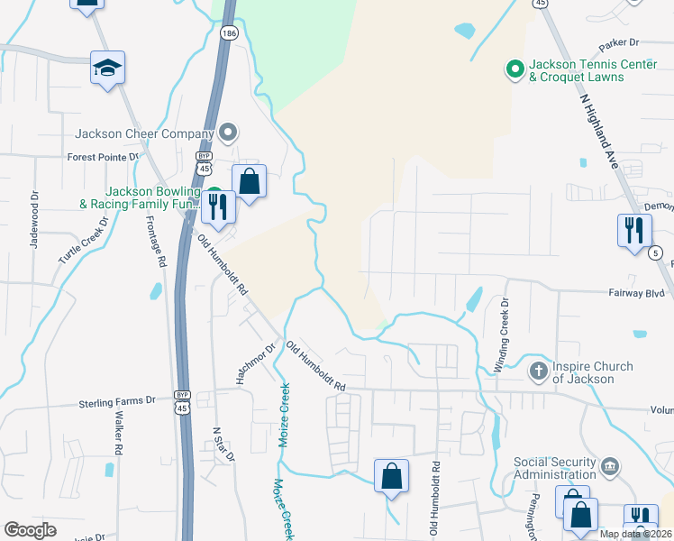 map of restaurants, bars, coffee shops, grocery stores, and more near Fairway Boulevard in Jackson