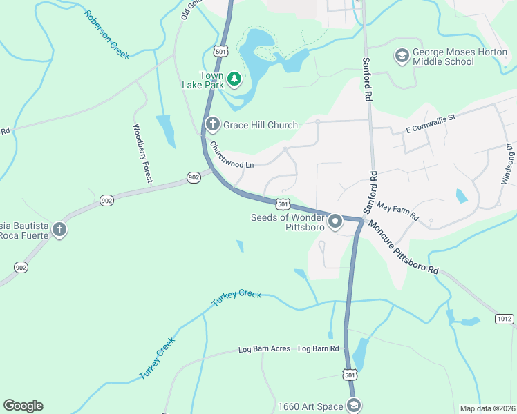 map of restaurants, bars, coffee shops, grocery stores, and more near 24 Burnice Place in Pittsboro