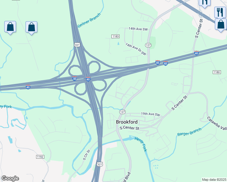 map of restaurants, bars, coffee shops, grocery stores, and more near 18th Avenue Southwest in Hickory