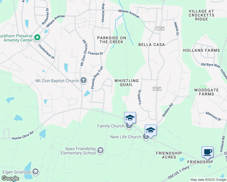 map of restaurants, bars, coffee shops, grocery stores, and more near 2684 Lake Waccamaw Trail in Apex
