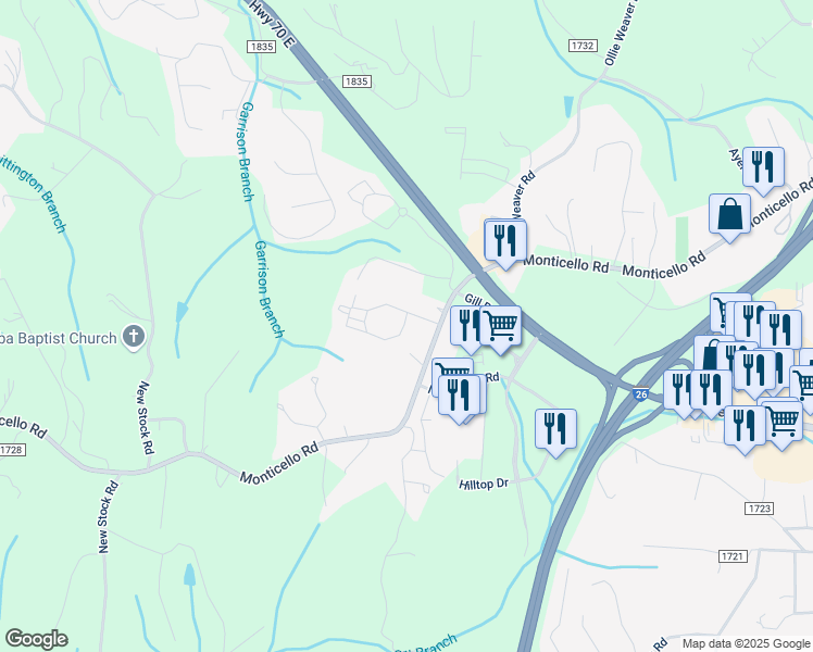 map of restaurants, bars, coffee shops, grocery stores, and more near 20 Weaver View Circle in Weaverville