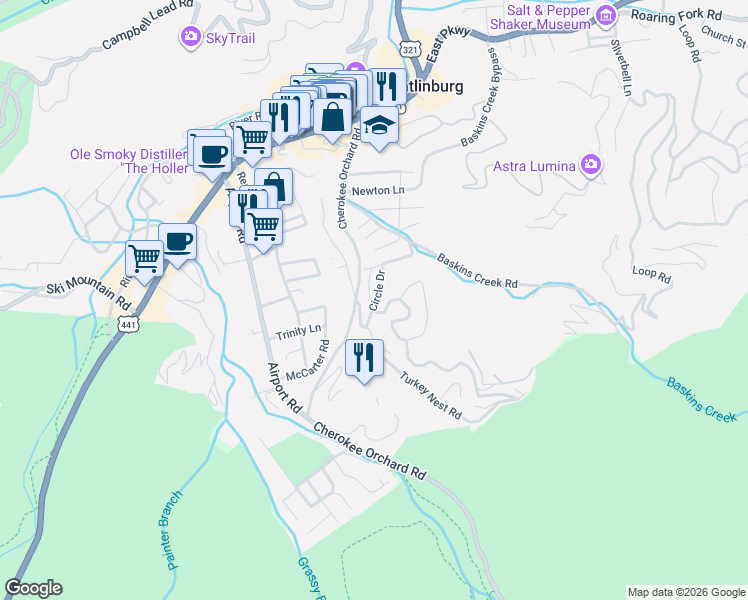 map of restaurants, bars, coffee shops, grocery stores, and more near 309 Hughes Road in Gatlinburg