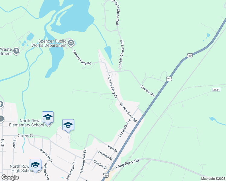 map of restaurants, bars, coffee shops, grocery stores, and more near Sowers Ferry Road in Spencer