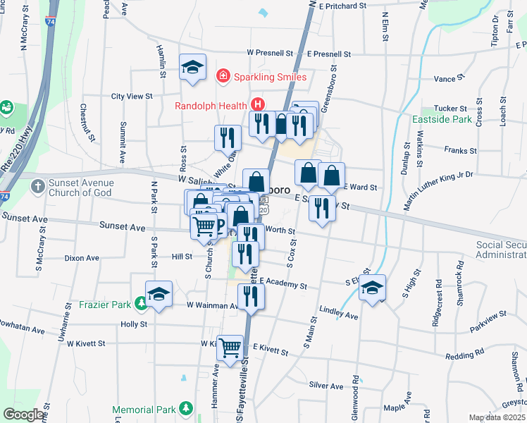 map of restaurants, bars, coffee shops, grocery stores, and more near 146 North Fayetteville Street in Asheboro