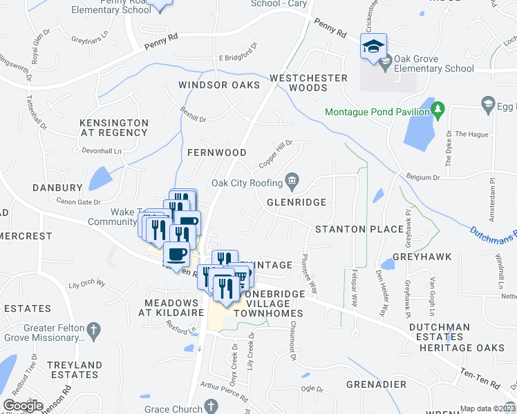 map of restaurants, bars, coffee shops, grocery stores, and more near 100 Langston Mill Court in Cary