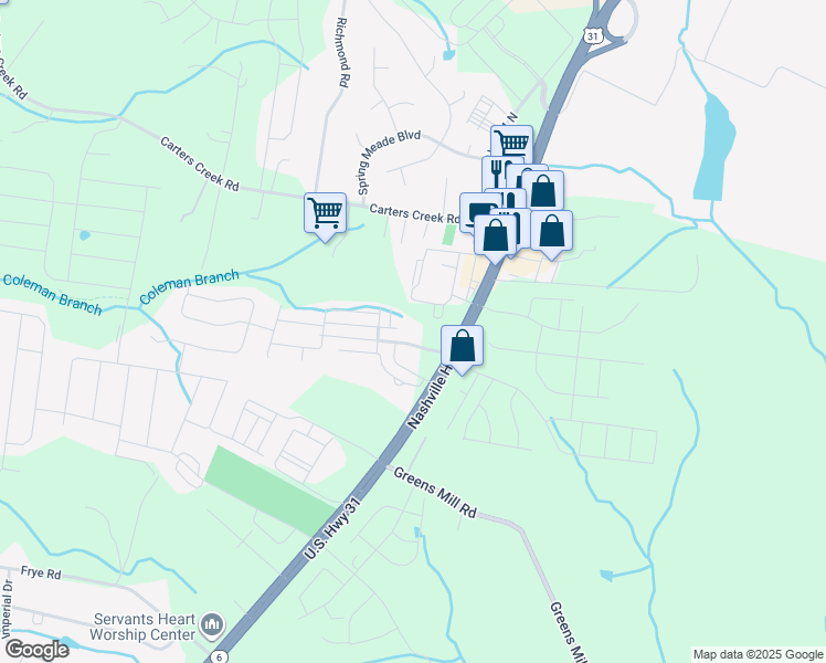 map of restaurants, bars, coffee shops, grocery stores, and more near 2513 Nashville Highway in Columbia
