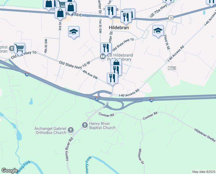 map of restaurants, bars, coffee shops, grocery stores, and more near 400 State Road 1002 in Hildebran