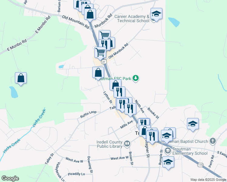 map of restaurants, bars, coffee shops, grocery stores, and more near 421 North Main Street in Troutman