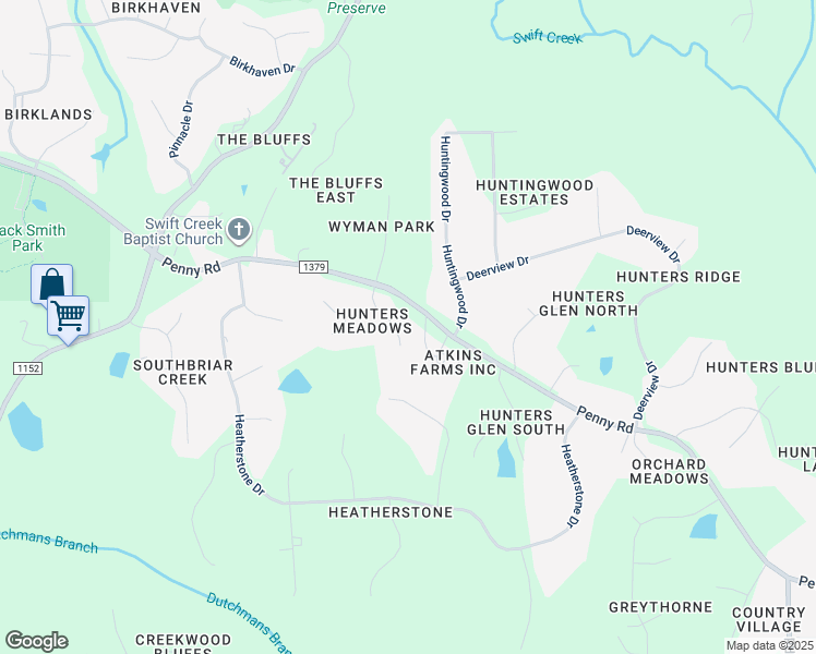map of restaurants, bars, coffee shops, grocery stores, and more near 2621 Hunters Meadow Lane in Raleigh