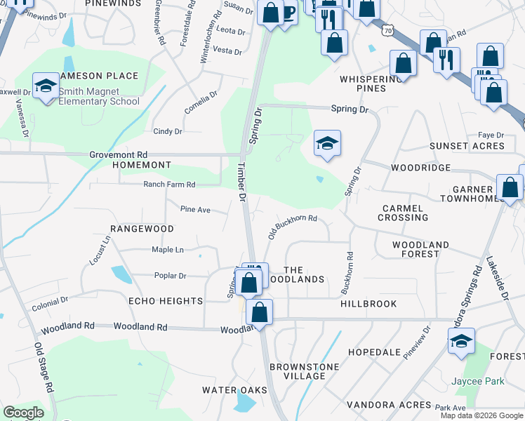 map of restaurants, bars, coffee shops, grocery stores, and more near 5505 Spring Road in Raleigh