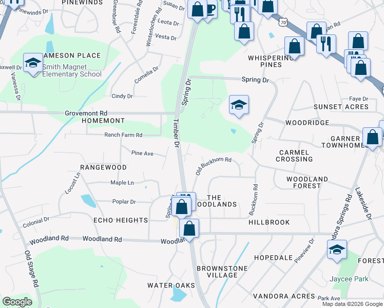 map of restaurants, bars, coffee shops, grocery stores, and more near 4065 Spring Road in Raleigh