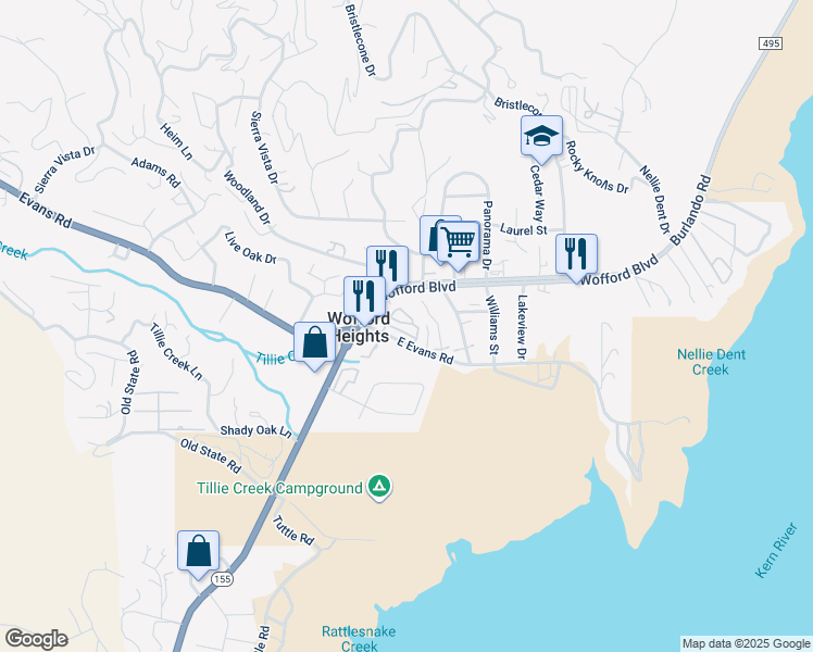 map of restaurants, bars, coffee shops, grocery stores, and more near 35 East Evans Road in Wofford Heights
