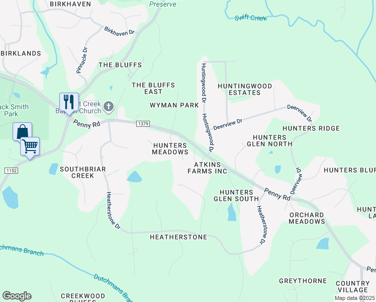 map of restaurants, bars, coffee shops, grocery stores, and more near 2621 Hunters Meadow Lane in Raleigh