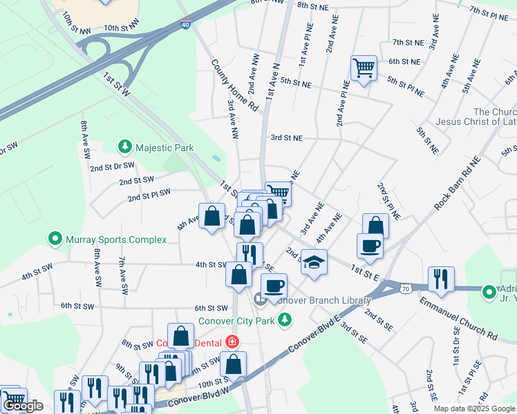 map of restaurants, bars, coffee shops, grocery stores, and more near 126 1st Street West in Conover